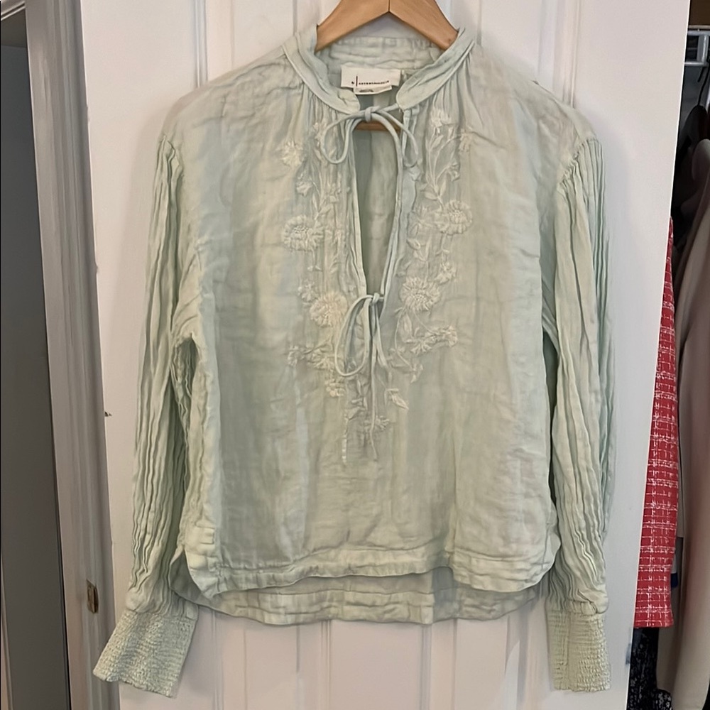 Anthropologie Green Long Sleeve Pleated Blouse